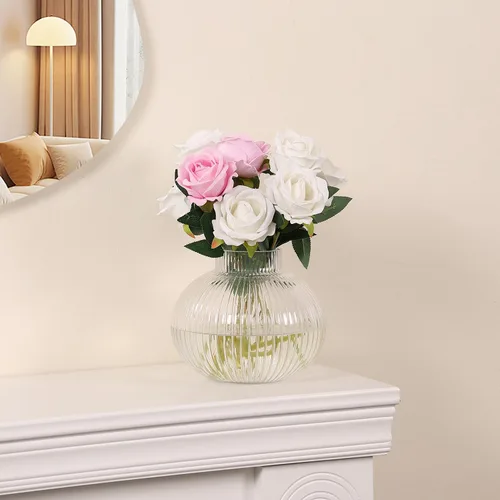 Miniatura 6 de Jarrón redondo de cristal, floreros para ramo, jarrones de vidrio acanalado para flores, pequeño jarrón transparente para sala de estar, oficina