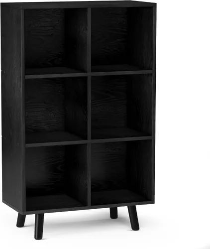 Estantería abierta de 6 cubos, estantería de madera de 3 niveles con patas y panel posterior, ideal para contenedores de almacenamiento de tela de