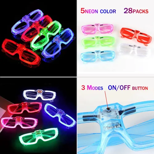 Miniatura 7 de 28 Paquetes de Gafas LED, 5 colores neón, 3 modos de luz, Gafas con Varillas Luminosas que se Iluminan, Suministros de Fiesta que Brillan