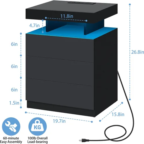 Miniatura 2 de HOMMPA Mesita de noche negra con estación de carga inalámbrica, mesita de noche de alto brillo con 3 cajones, mesa auxiliar con carga USB tipo C