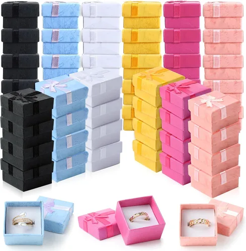 Miniatura 13 de Yinkin Juego de 120 cajas de regalo de anillo de cartón con lazo, cuadrado, varios colores, pequeño, caja de joyería dura para cumpleaños, 6