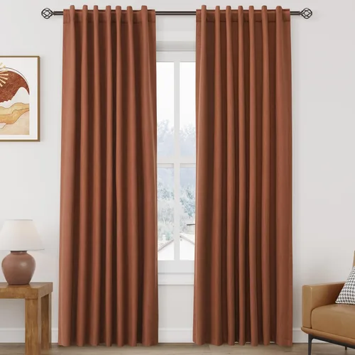 Miniatura 91 de Cortinas de lino 100% opacas para dormitorio, 102 pulgadas de largo, con pestaña trasera, bolsillo para barra, paneles acústicos con aislamiento