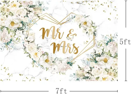 Miniatura 3 de AIBIIN Telón de fondo de 7x5 pies Mr y Mrs con flores blancas y puntos dorados de glitter para despedida de soltera, fondo para fotografía con Blanco