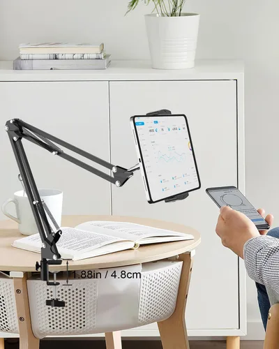 Miniatura 9 de Soporte de suelo para tablet con base estable de 11 libras y abrazadera de escritorio, brazo giratorio de altura ajustable, compatible con iPhone