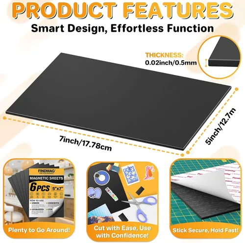 Miniatura 2 de FINDMAG Hojas adhesivas magnéticas, paquete de 6 tiras magnéticas flexibles de 5 x 7 pulgadas con respaldo autoadhesivo, hojas para cortar