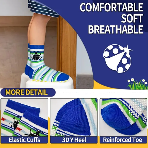 Miniatura 4 de HYCLES Calcetines Antideslizantes para Niños Pequeños, 12 Pares de Calcetines de Algodón con Agarre Antideslizante para Niños y Niñas de 1-7 años