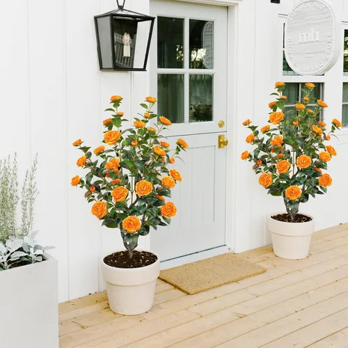 Miniatura 5 de Árbol artificial de 43.3 pulgadas / 3.6 pies con flores de camelia, árbol de otoño falso con 32 flores florecientes, árbol naranja para otoño