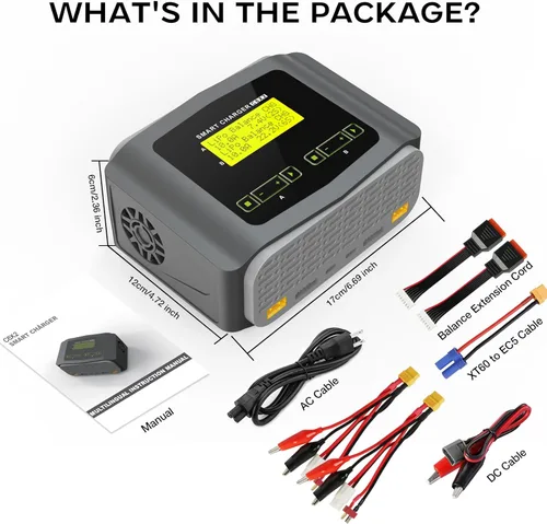 Miniatura 7 de Cargador de batería LiPo con pantalla grande, cargador RC dual, descargador, cargador de equilibrio rápido de 10A para baterías 1-6S LiPo LiHV Gris