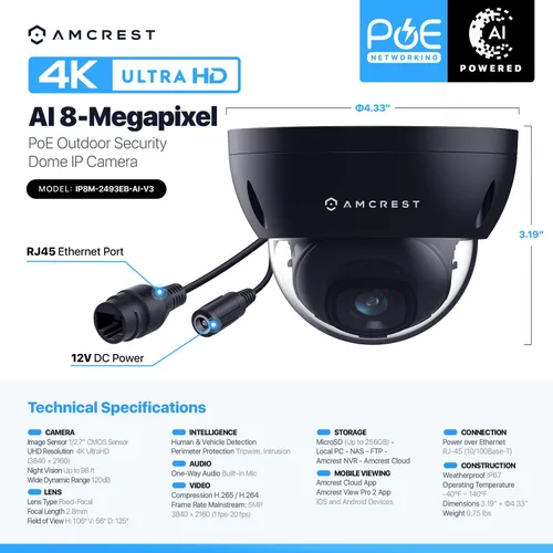 Miniatura 7 de Amcrest UltraHD 4K (8MP) Cámara IP POE de seguridad para exteriores, 3840 x 2160, 98ft NightVision, lente de 7/64 pulgadas, IP67 resistente a