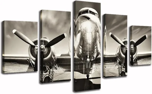 KLVOS - 5 piezas vintage de decoración de pared, pintura retro de avión en la pasarela, lienzo impreso de alta calidad con marco de madera para sala