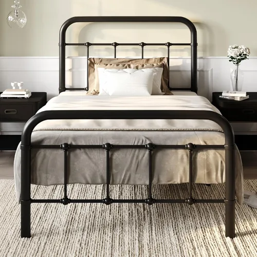 SHA CERLIN Twin Size Metal Platform Bed Frame with Vintage Style Headboard and Footboard, Heavy Duty Mattress Foundation, No Box Spring Needed, Easy