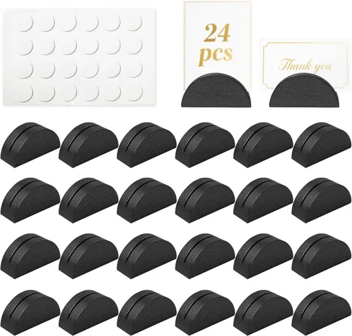 Worown Paquete de 24 soportes de madera negra para números de mesa (tamaño pequeño de 1.6 pulgadas), los soportes semicirculares para nombres de