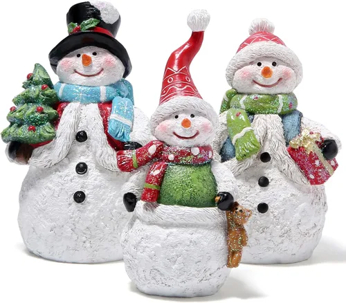Hodao Juego de 3 figuras de muñeco de nieve, adornos navideños de resina pintados a mano, decoración interior del hogar para repisa, estante y