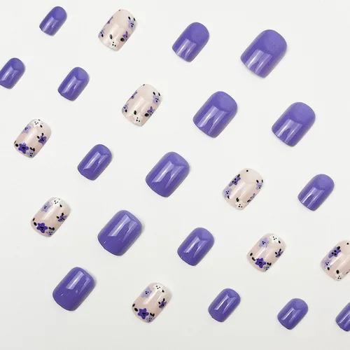 Miniatura 3 de Uñas postizas a presión moradas, cortas, cuadradas, SWEKKE bonitas, uñas postizas con diseños florales morados y blancos, cobertura completa