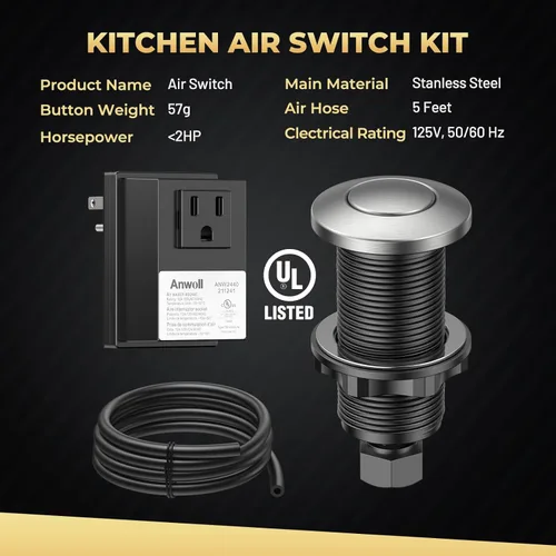 Miniatura 6 de Kit de interruptor de aire para eliminación de basura Anwoll - Botón inalámbrico profesional para fregadero, listado UL, en acero inoxidable/negro