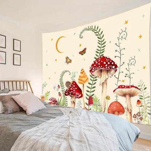 Miniatura 36 de LB Tapiz de hongos para colgar en la pared, luna y estrella en beige, tapiz de pared para dormitorio, estética de planta verde, arte de pared