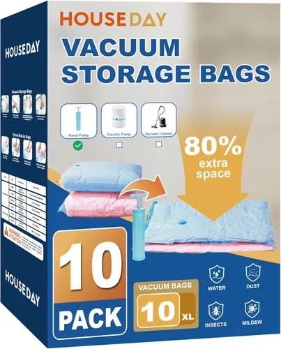 Miniatura 11 de HOUSE DAY Paquete de 22 bolsas de almacenamiento al vacío con bomba, bolsas de sellado al vacío para ahorrar espacio para ropa y viajes, 4 jumbo/4