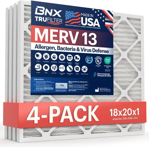 BNX TruFilter 18x20x1 Filtro de aire MERV 13 (paquete de 4) - HECHO EN EE. UU. - Filtros plisados electrostáticos para aire acondicionado HVAC AC