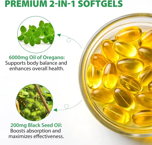 Miniatura 2 de Cápsulas blandas de aceite de orégano de 6000 mg, 120 unidades 2 en 1 formulado con aceite de semilla negra de 200 mg, cápsulas de aceite