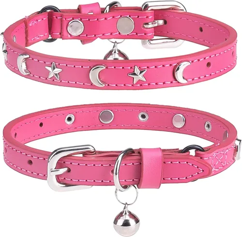 Collares de cuero DILLYBUD para gatos macho y hembra con campana y cinturón elástico de seguridad, collar ajustable con hebilla de seguridad