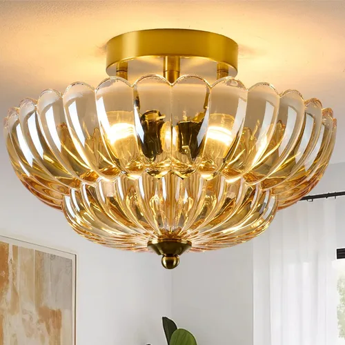 Lámpara de techo semiempotrada, accesorio dorado vintage de 12 pulgadas con pantalla de vidrio ámbar, 3 luces cerca de techo para pasillo, entrada,