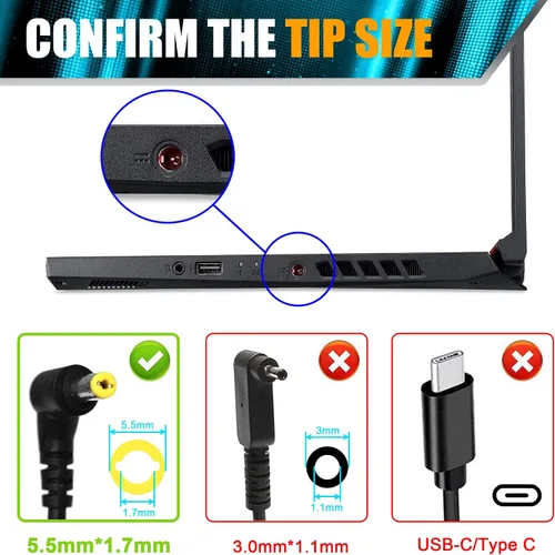 Miniatura 3 de 135W Laptop Charger Compatible with Acer Nitro 5 AN515-51 AN515-41 AN515-53 AN515-54 AN515-55 AN515-54 AN517-51 AN517-52 AN715-51 A715-52 S40-51