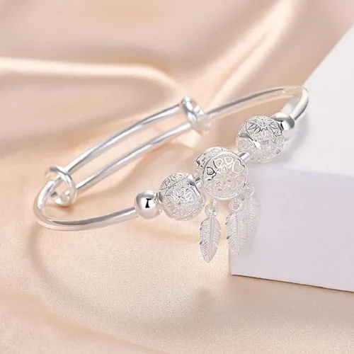 Miniatura 3 de Harlorki Pulsera ajustable para mujer con colgante de hoja de bola de la suerte 925 chapada en plata