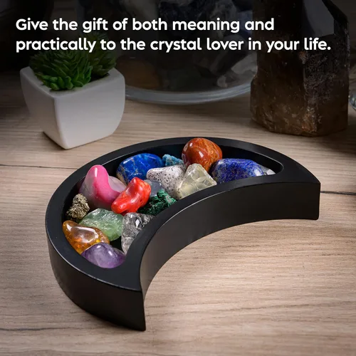 Miniatura 7 de Bandeja de luna creciente – Muestra tus gemas, piedras curativas y tesoros – Bandeja de exhibición de cristal de madera de 6 x 3 pulgadas, soporte
