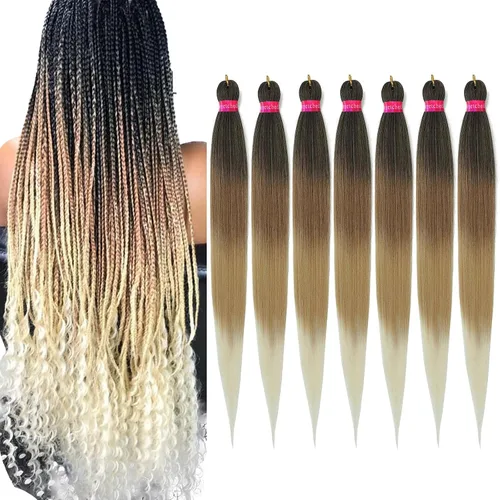 Miniatura 26 de Cabello trenzado preestirado, cabello trenzado degradado de 28 pulgadas, paquete de 8 extensiones de cabello trenzado de mezcla de colores sedosos