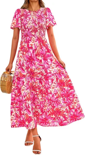 Miniatura 17 de PRETTYGARDEN - Vestido largo casual de verano para mujer, manga corta acampanada, bohemio, floral, cuello redondo, vestido blusón, escalonado