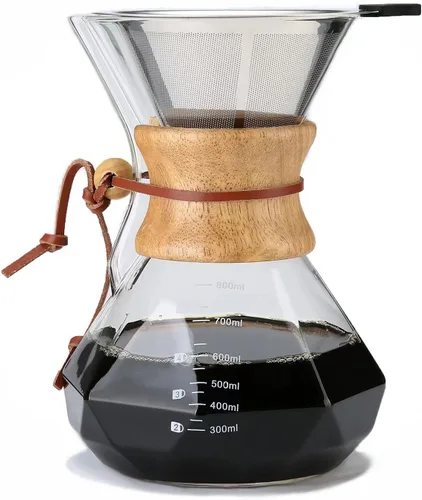 Lalord Cafetera vertida con filtro de acero inoxidable reutilizable, jarra de café de vidrio borosilicato de 27 onzas, collar de madera, jarra para