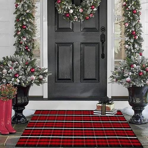 Miniatura 4 de Alfombra Navideña a Cuadros para Exteriores, 2'4" x 3'7" Alfombra de Área a Cuadros Rojos y Negros para Interiores/Exteriores, Alfombra de cuadros