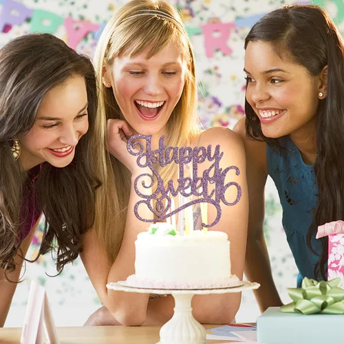 Miniatura 3 de Happy Sweet 16 - Decoración para tartas de cumpleaños de 16 años, decoraciones de feliz cumpleaños de 16 años para niñas y niños, purpurina morada