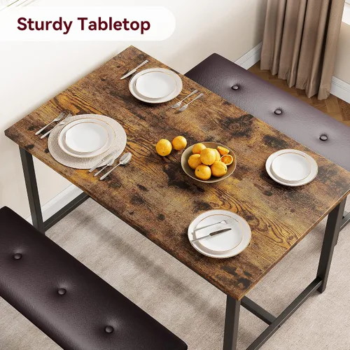 Miniatura 7 de Amyove Juego de mesa de comedor para 4, mesa de cocina con 2 bancos, juego de mesa de comedor de 3 piezas con bancos tapizados, juego de mesa