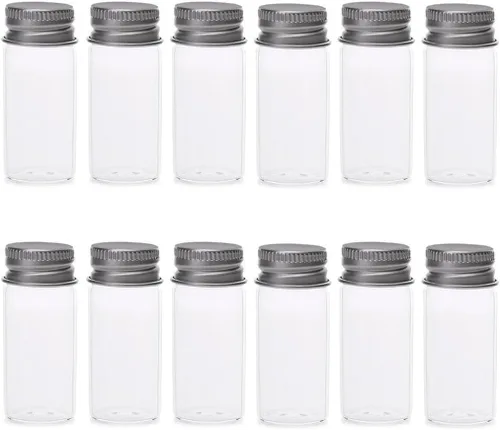 12 botellas vacías de vidrio portátil de viaje transparente con tapa de aluminio plateado, polvos de aceite esencial, pomadas de crema, recipientes