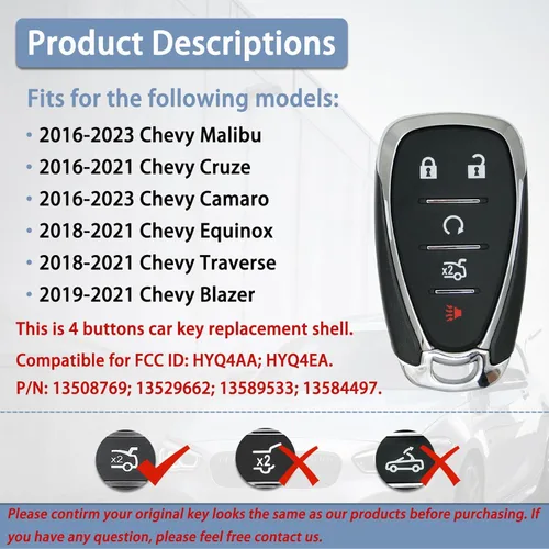 Miniatura 5 de Funda de repuesto para llavero para Chevy Malibu Camaro 2016-2023/Cruze 2016-2021/Equinox Traverse 2018-2021/Blazer 2019-2021 Blazer sin llave llave