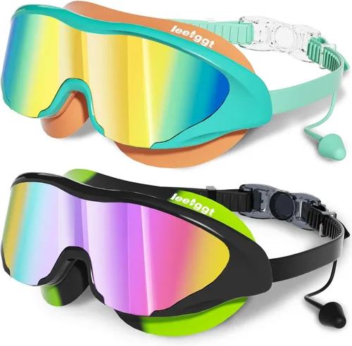 Miniatura 16 de Gafas de natación anti niebla UV para niños de 6 a 14 años, paquete de 2 gafas de natación para niños con tapones para los oídos adjuntos Dorado-azul