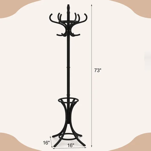 Miniatura 9 de Giantex Perchero de madera maciza, árbol de pasillo independiente con 12 ganchos, soporte para paraguas, soporte de entrada para abrigos, sombreros