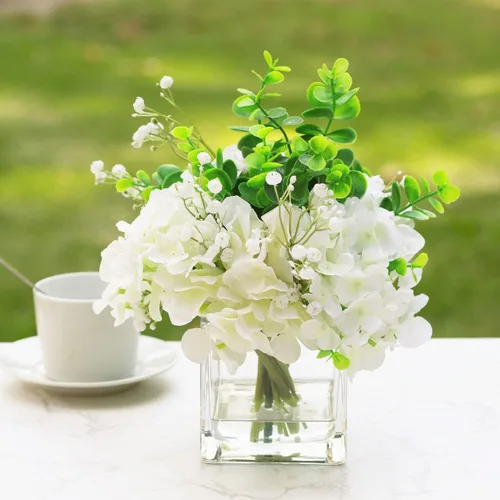 Miniatura 2 de ENOVA FLORAL Flores de hortensias sintéticas con jarrón, mezcla de flores de hortensias falsas y vegetación en jarrón con agua sintética