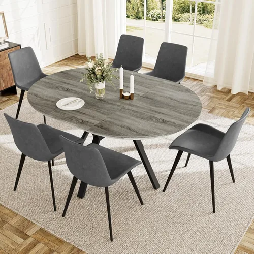 Miniatura 15 de HIPIHOM Juego de mesa de comedor redonda extensible para 6 personas, mesa de cocina extensible de 43.3 a 59.1 pulgadas con 6 sillas tapizadas, Mesa