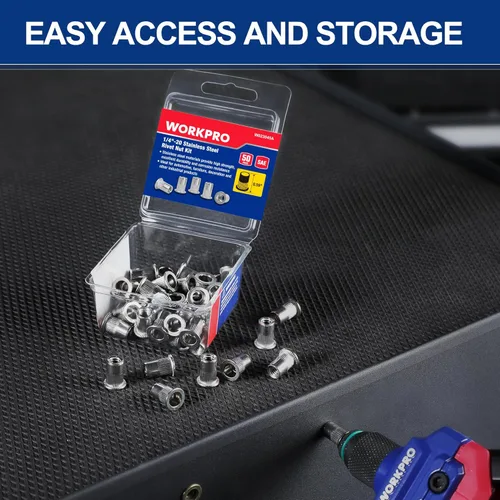 Miniatura 2 de WORKPRO 50 tuercas de remache, tuerca remachable de acero inoxidable de 1/4"-20, cabeza plana roscada con cuerpo moleteado