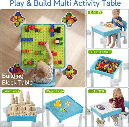 Miniatura 2 de Burgkidz Juego de mesa de actividades y sillas 5 en 1 con almacenamiento, 128 bloques de construcción compatibles con las principales marcas