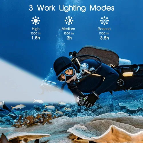 Miniatura 3 de APLOS Linterna de buceo AP30 3000lm con 3 modos, indicador de alimentación, IPX8 impermeable profesional recargable luz de buceo