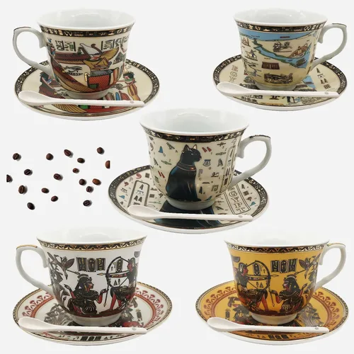 Miniatura 9 de Juego de tazas y platillos de café expreso de cerámica dorada egipcia, taza Demitasse de 3.4 oz/3.4 fl oz, regalo de porcelana para cumpleaños