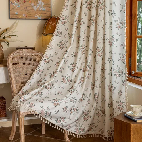 Miniatura 16 de BHUSB Cortinas rústicas para sala de estar de 63 pulgadas de largo, cortinas de ventana de lino y algodón con estampado floral bohemio, cortinas