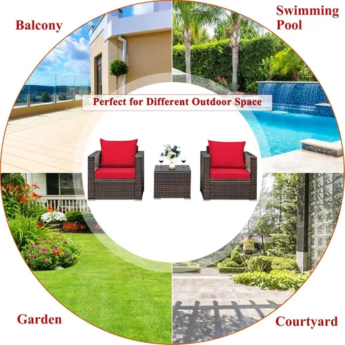 Miniatura 6 de COSTWAY Juego de muebles de patio de 3 piezas, sofá de mimbre para exteriores con cojines y mesa de centro con vidrio templado, juego moderno de Rojo