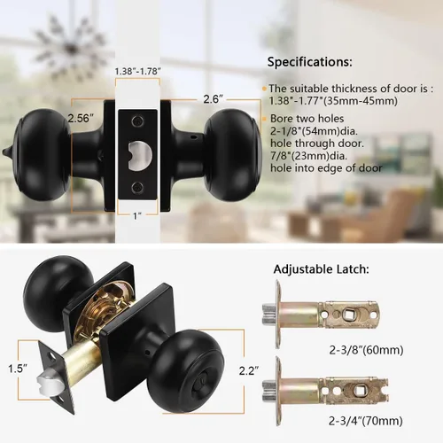 Miniatura 5 de Probrico Perillas negras para cama/baño con roseta cuadrada, cerraduras para puertas interiores sin llave, paquete de 5