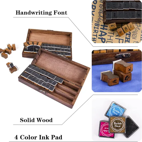 Miniatura 5 de Rancco Sellos del alfabeto para manualidades con 4 almohadillas de tinta, 84 sellos de goma de madera vintage con caja de almacenamiento, 2