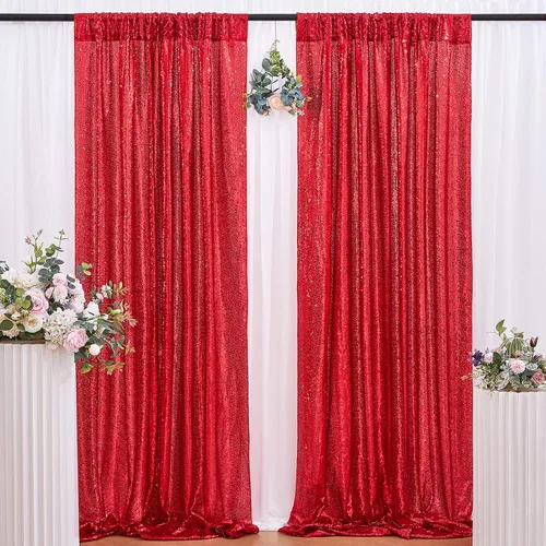 Cortinas con lentejuelas doradas, 2 unidades de 2 x 8 pies, con brillantina, telón de fondo para bodas Rojo