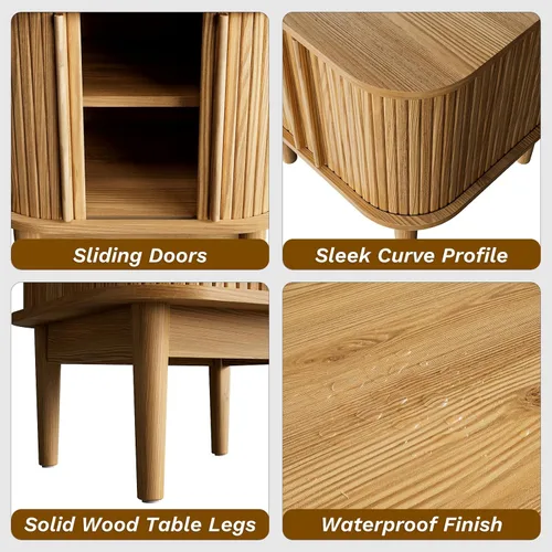 Miniatura 8 de Juego de 2 mesitas de noche estriadas con puertas correderas, moderna mesita de noche con patas de madera maciza, mesita de noche de madera